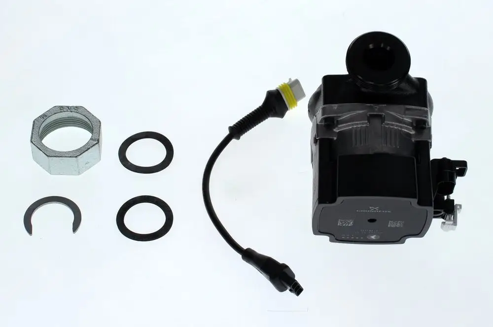 Bosch-Pumpe mit einem elektromagnetischen Anschluss, einer Metallmutter, zwei Dichtungsringen und einer Halteklammer, ausgelegt für spezifische Anwendungen.